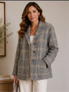 Rena Rowan wool plaid knit cardigan jacket size XlArge gray beige outlander